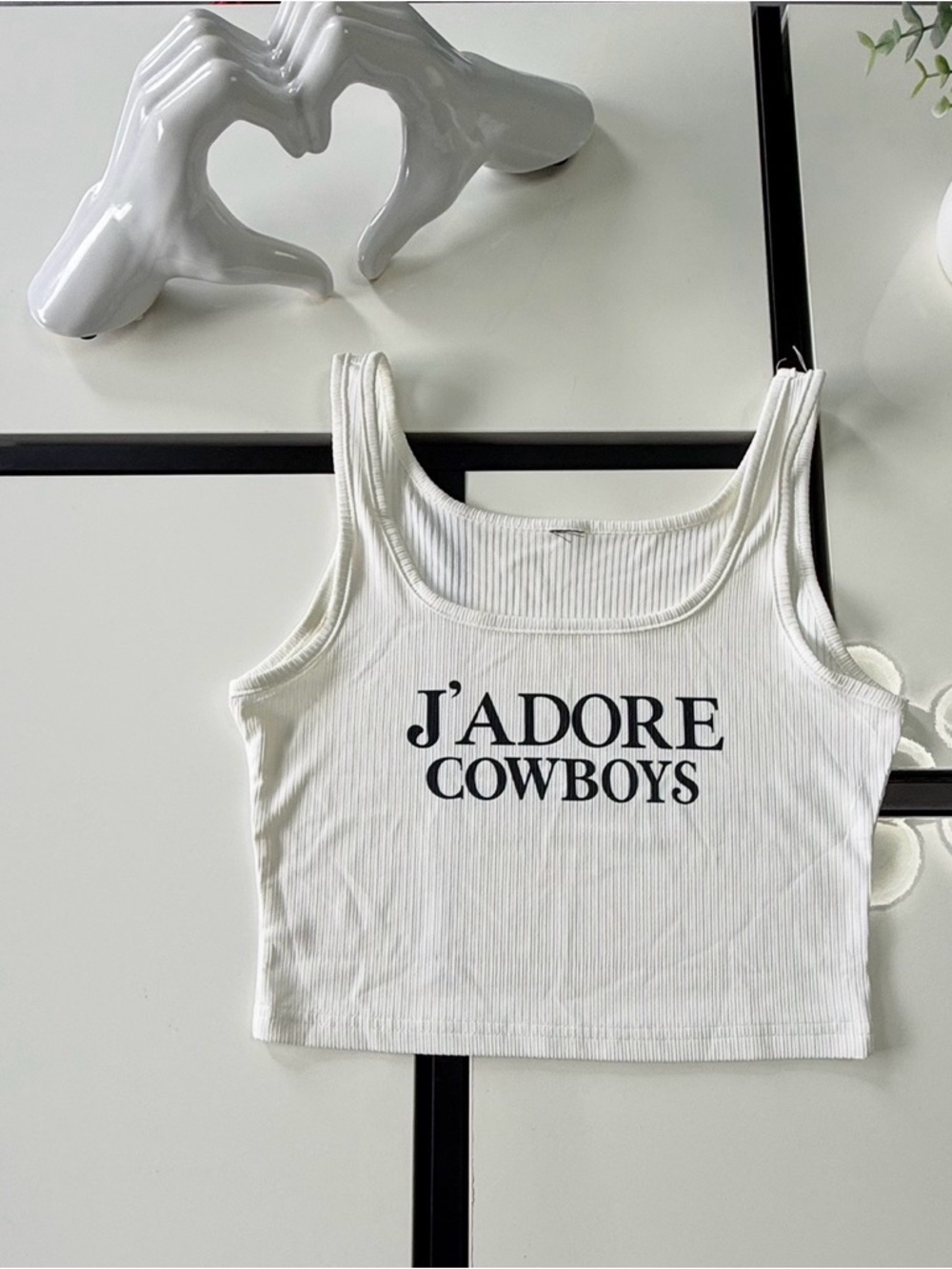 Trendy "J'adore Cowboys" Graphic White Ribbed Tank - No Size Tag (Fits Small)